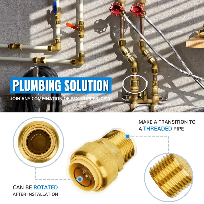 SUNGATOR 6-Pack Male Adapter, 3/4 Inch by 3/4 Inch Straight Connector Plumbing Fitting, Push Fit PEX Fittings with Disconnect Clip, Push-to-Connect Copper, CPVC, No Lead Brass Pipe Fittings - Image 5